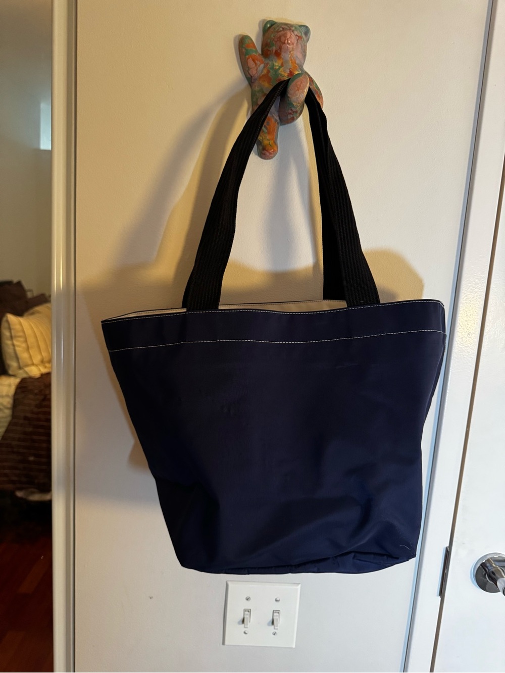 Hervé Chapelier Navy & White Nylon Tote Bag Black Straps